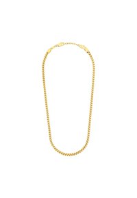 Collar de cadena de oro que presenta eslabones entrelazados, textura suave y un diseño clásico de curb con un cierre seguro.