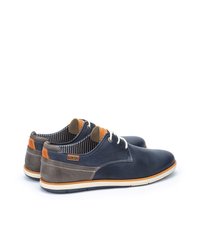 Navy leather shoes with orange and gray accents, round toes, contrasting laces, and striped lining. Textured detailing on the sides.