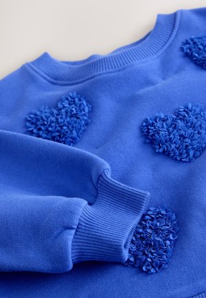 Felpa blu con applicazioni a forma di cuore tridimensionali disposte a grappolo. Polsini e collo a costine con materiale morbido e liscio.