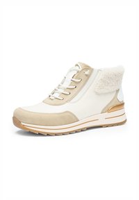 Beige and white mid-top sneaker with suede and leather textures, lace-up closure, fur trim at the ankle, and rubber outsole with gold accent.