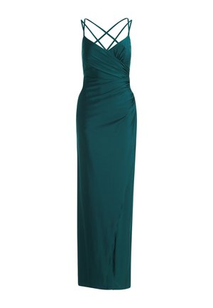 Abito da sera in satin teal con corpino arricciato, spalline incrociate sul retro e uno spacco laterale. Silhouette aderente, design lungo fino a terra.