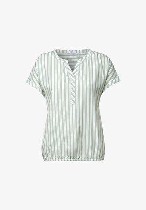 Vaaleanvihreä lyhythihainen paita, jossa on pystysuoria valkoisia raitoja, V-muotoiset kaula-aukko ja rypytetty alahelma rentoa istuvuutta varten. Pehmeä kankaan rakenne.
