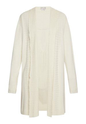 Langärmlige Strickjacke in Elfenbein, mit strukturierten Zopfmustern, offenem Vorderteil und gerippten Bündchen. Weiches Strickmaterial mit lockerer Passform.