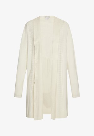 Cardigan à manches longues en ivoire, présentant des motifs en tricot à torsades texturés, une ouverture à l'avant et des poignets côtelés. Tissu en maille douce avec une coupe décontractée.