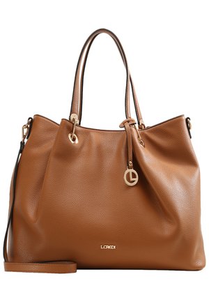 Brown pebbled leather tote bag with dual handles, removable shoulder strap, gold hardware, and logo detail on the front.