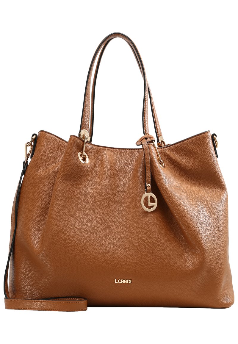 Tote-Bag aus braunem genarbtem Leder mit doppelten Griffen, abnehmbarem Schulterriemen, goldenen Beschlägen und Logo-Detail auf der Vorderseite.
