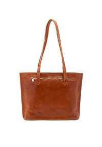 Bruine leren tote bag met een gladde afwerking, twee lange handvatten en een voorvak met rits. Beschikt over stiksels langs de randen voor extra detail.