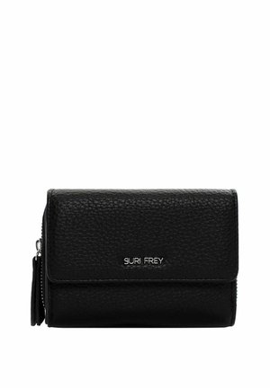 Black leather wallet with a textured surface, featuring a flap closure and a zippered compartment. Silver "SURI FREY" logo on the front.