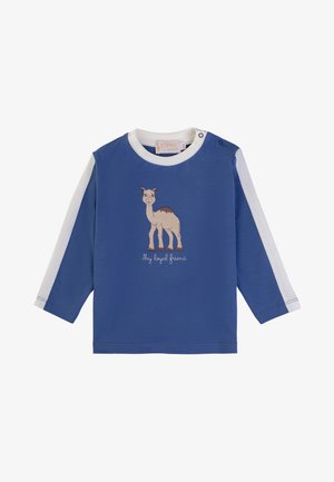 Camicia a maniche lunghe blu con accenti bianchi sulle maniche, con un ricamo di una lama e la scritta "Il mio fedele amico." Materiale in cotone morbido.
