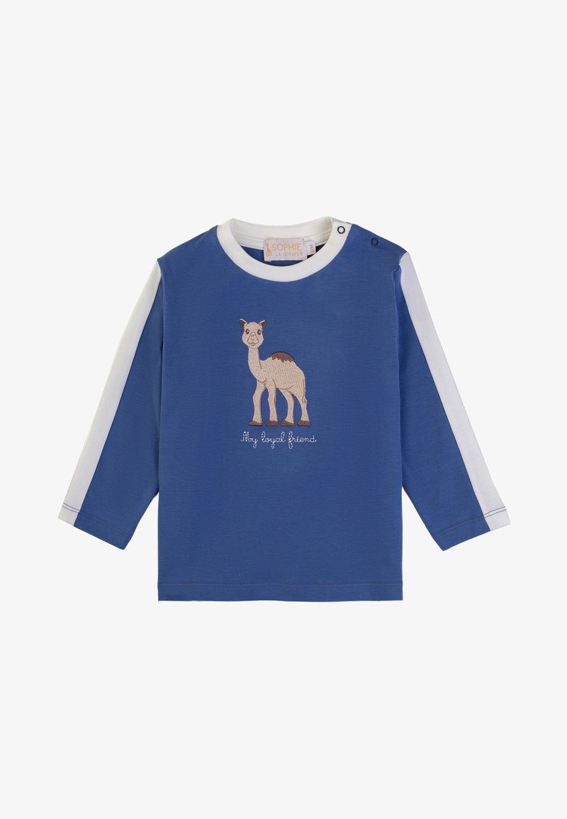 Blue long-sleeve shirt with white sleeve accents, featuring an embroidered llama and text "My loyal friend." Soft cotton material.