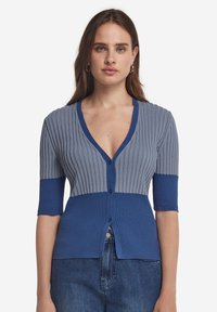 Blå och grå ribbad kardigan med V-hals, halvärmar och knapplist, tillverkad av ett texturerat stickat tyg.