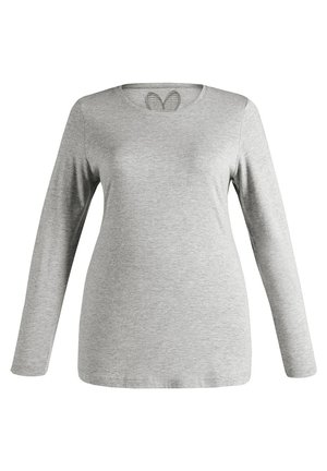 Langärmliges Shirt in Hellgrau, aus weichem Stoff gefertigt. Mit rundem Ausschnitt und einem dekorativen Ausschnitt auf der Rückseite. Schlichtes Design, ohne Muster.