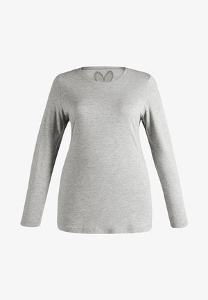 Camisa de manga larga en gris claro, hecha de una tela suave. Presenta un escote redondo y un corte decorativo en la parte posterior. Diseño simple, sin patrones.