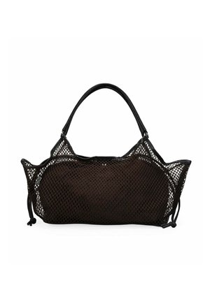 Bolsa tote de malla negra con bolsa interior ovalada y asas dobles, con cordones ajustables en los laterales, sobre fondo blanco.