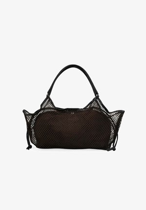 Bolsa tote de malla negra con bolsa interior ovalada y asas dobles, con cordones ajustables en los laterales, sobre fondo blanco.