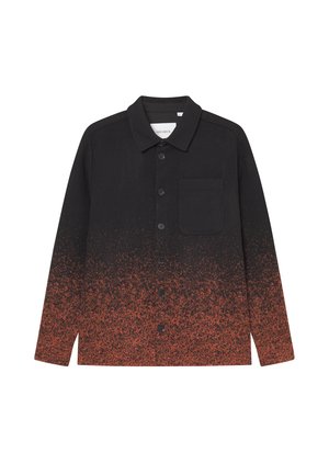 Mustard ja oranž gradientiga nööp-up särk pikkade varrukatega, krae, rinna tasku ja tekstuuriga kangas. Märkimisväärne tuhmumine allservas.