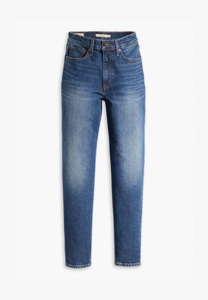 Jeans in denim blu con un design a gamba dritta, vita alta, tasche frontali e una finitura sbiadita vicino alle cosce per un aspetto vissuto.