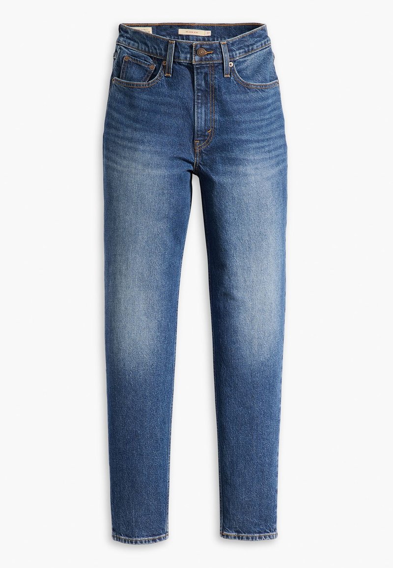 Blå jeans i denim med rak bendesign, hög midja, framfickor och en urtvättad finish vid låren för ett slitet utseende.