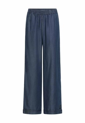 Pantalon en denim bleu foncé à coupe ample avec taille élastique et ourlets roulottés, adapté pour une tenue décontractée.