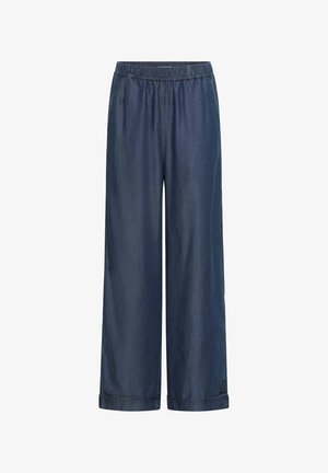 Pantalon en denim bleu foncé à coupe ample avec taille élastique et ourlets roulottés, adapté pour une tenue décontractée.