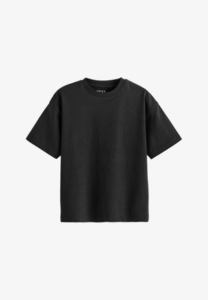 Mustast puuvillast lühikeste varrukatega unisex T-särk ümar kaelusega, esitatud tasapinnal valgel taustal.