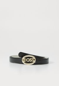 Black leather belt featuring a gold oval buckle embossed with the brand name "BOSS." Smooth texture with a minimalist design.