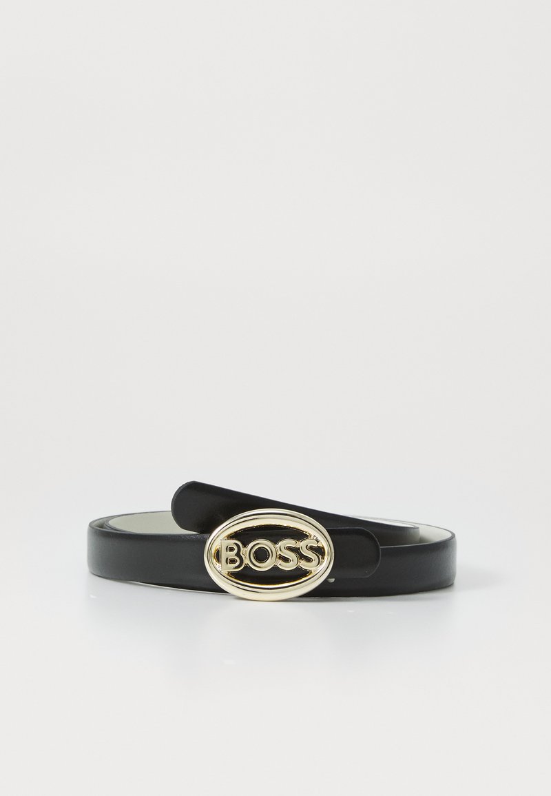 Black leather belt featuring a gold oval buckle embossed with the brand name "BOSS." Smooth texture with a minimalist design.
