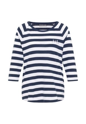 Navy blue and white horizontal striped long-sleeve shirt with round neckline and "ELBSAND" text on the chest.