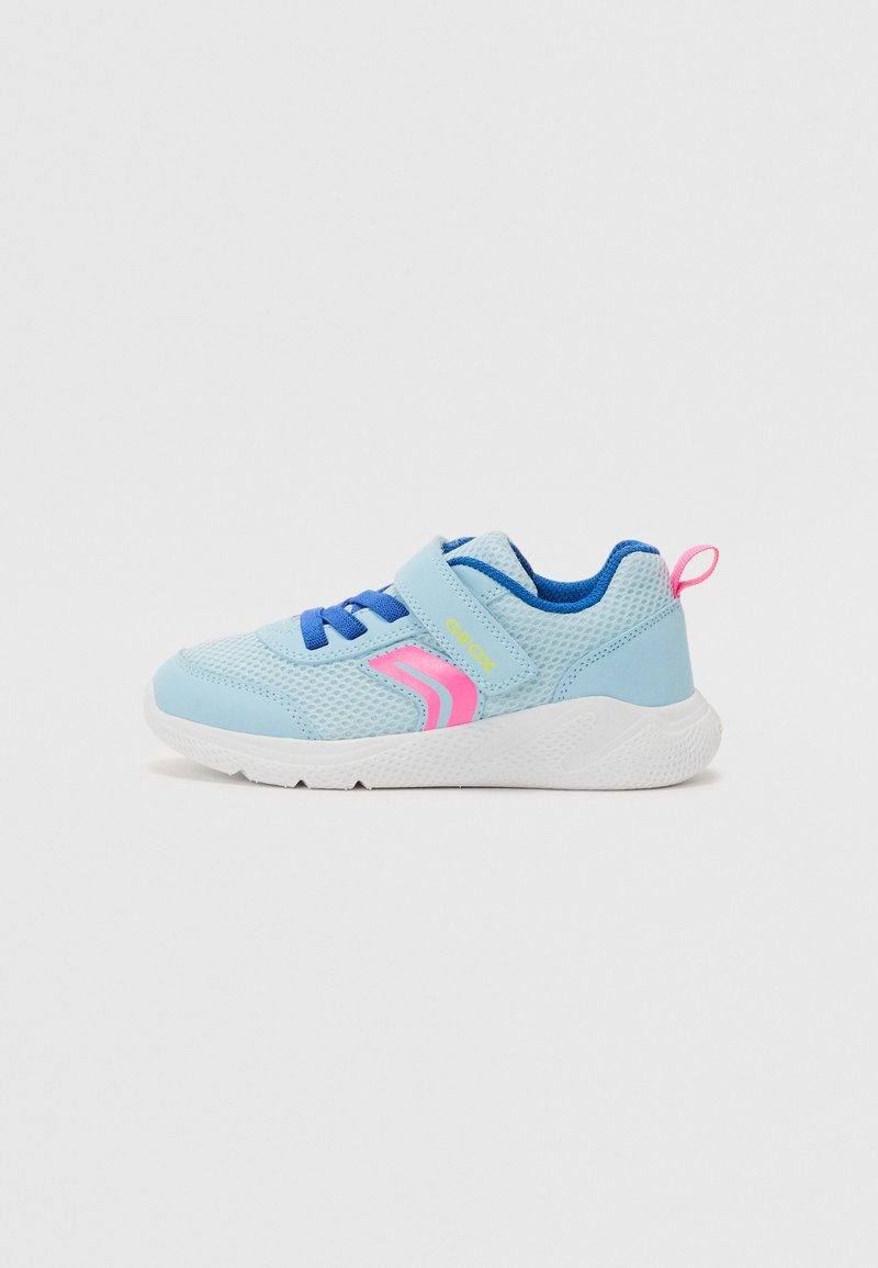 Light blue athletic shoes with mesh material, blue laces, a pink accent, and a white sole featuring textured grip patterns.