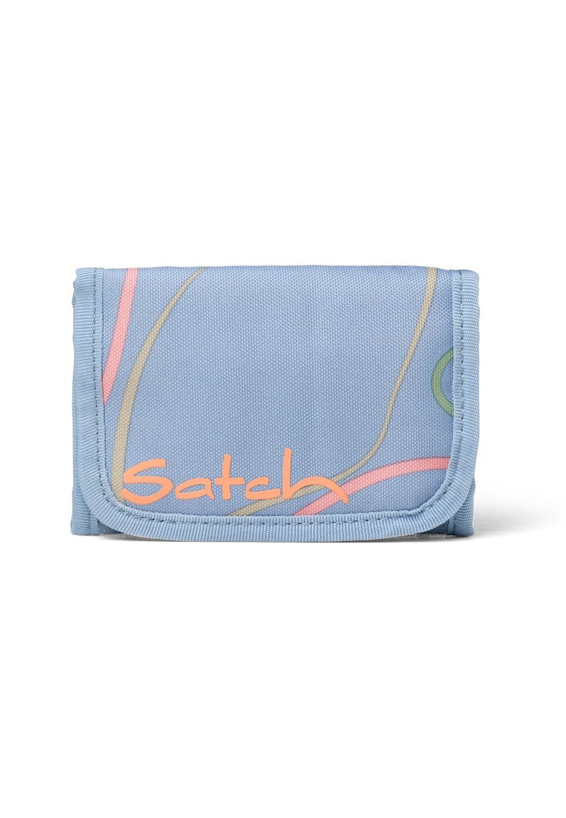 Blue fabric wallet with a textured surface, featuring colorful swirls in pink, yellow, and green, and an orange logo "Satch" on the front.
