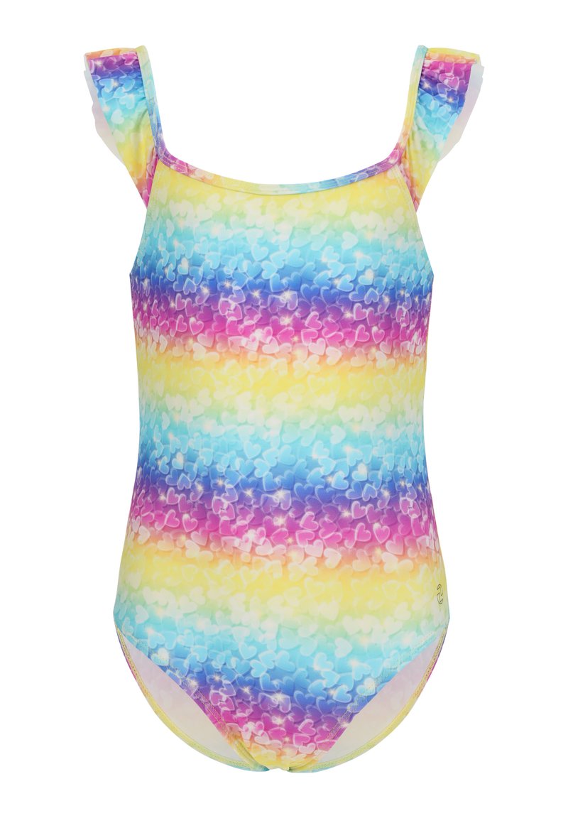 Maillot de bain avec un dégradé de couleurs comportant des cœurs en bleu, rose, jaune et violet. Conçu avec des bretelles volantées et un col rond.