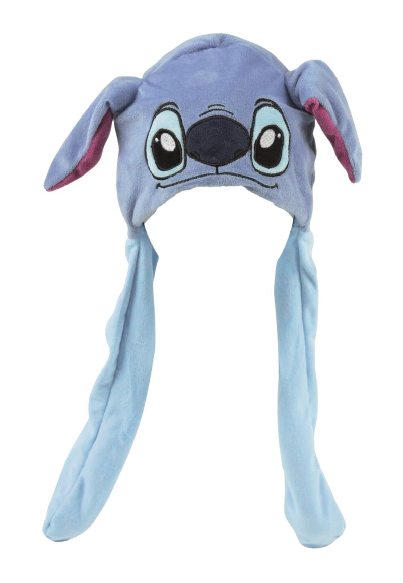 Blauwe pluchen muts met een gestileerd karaktergezicht met grote ogen, een zwarte neus en lange flaporen. Zachte textuur met gedetailleerde accenten.