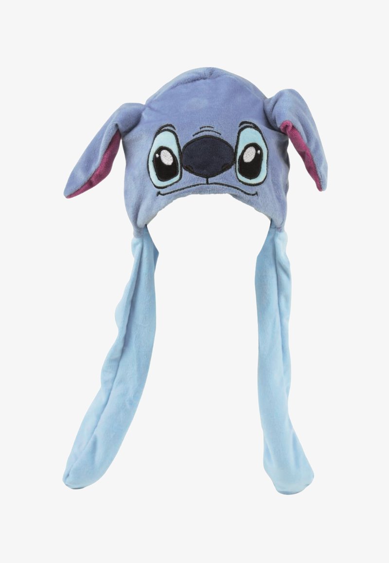 Blauwe pluchen muts met een gestileerd karaktergezicht met grote ogen, een zwarte neus en lange flaporen. Zachte textuur met gedetailleerde accenten.