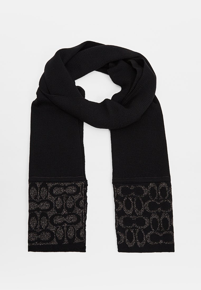 Black knitted scarf with textured black and metallic pattern accents on both ends and a smooth finish throughout.