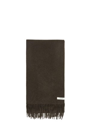 Dark brown rectangular scarf with fringed ends and a small white label reading "Comma est. 1973" on one corner.