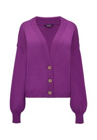 Fioletowy sweter z dzianiny z dekoltem w serek, o grubej strukturze i długimi rękawami. Posiada drewniane guziki z przodu oraz ściągacze przy mankietach.