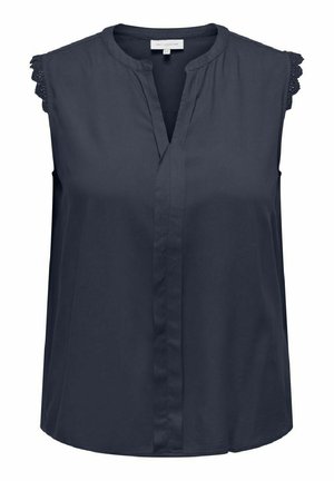 Blouse sans manches bleu marine avec col mandarin, fermeture par boutons sur le devant et dentelle le long des épaules ; tissu lisse avec un léger éclat.