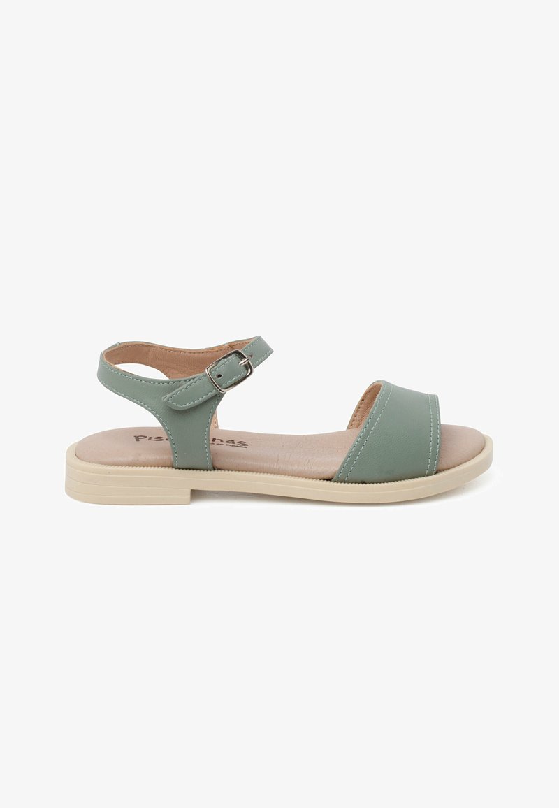 Green leather sandal with an adjustable ankle strap, open toe design, and a light-colored rubber sole. Features a textured insole.