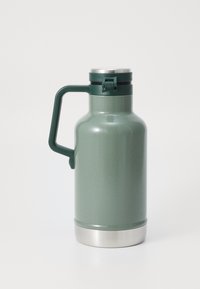 Green stainless steel thermos with a textured finish, wide body, and a handle. Features a silver-colored lid with a locking mechanism.