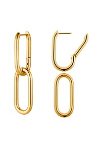 Boucles d'oreilles en métal doré présentant des formes ovales interconnectées avec une finition lisse et brillante et un design moderne. Légères avec une esthétique minimaliste.