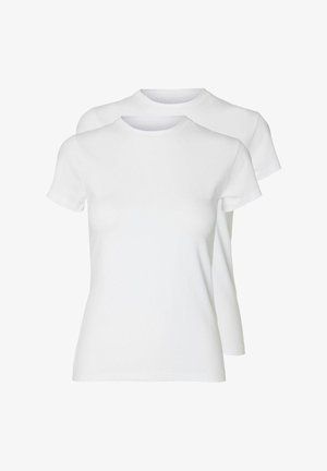 Dos camisetas blancas lisas de manga corta y cuello redondo, una ligeramente detrás de la otra, mostradas sobre un fondo blanco.