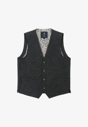 Dark grey wool vest with a V-neck, five buttons, and two front pockets. Floral patterned lining is visible inside.