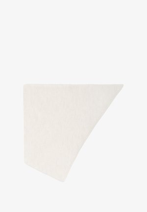 Chustka w kształcie trójkąta w jasnokremowym kolorze, wykonana z miękkiego materiału o gładkiej fakturze i czystych krawędziach, bez wzorów ani dodatków.