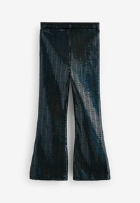 Schwarz-blaue, weit geschnittene Hosen mit einer strukturierten, glitzernden Oberfläche im Rautenmuster, featuring einem hohen Bund und einem weit geschnittenen Bein.