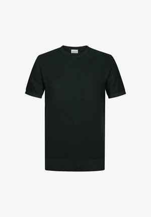 Kurzärmeliges T-Shirt mit Rundhalsausschnitt in Dunkelgrün, aus Baumwollmischung, mit strukturierter Oberfläche sowie gerippten Bündchen und Saum.