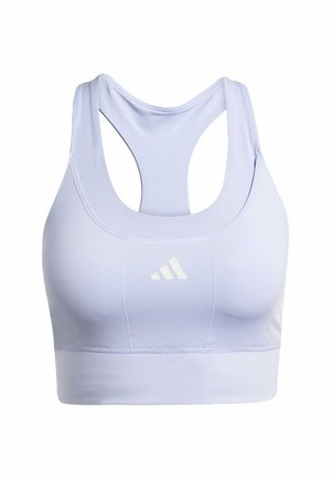 Lys lilla sportsbh med en tætsiddende design, racerback stil og et hvidt Adidas-logo på forsiden. Blødt, strækbart stof.