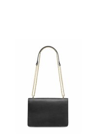 Czarna skórzana torebka w prostokątnym kształcie, z złotym łańcuszkiem. Gładka faktura i minimalistyczny design bez widocznych wzorów.