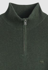 Tamsiai žalias ribuotas megztinis su aukštu apykakliu ir pusiau užtrauktuku. Jame yra lygus užtrauktukas ir nedidelis logotipas apatiniame kairiajame šone.