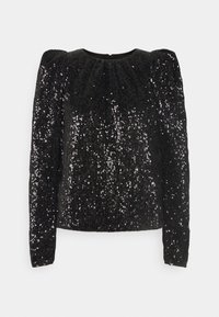 Czarny top z długim rękawem pokryty błyszczącymi cekinami, z okrągłym dekoltem i lekko bufiastymi ramionami.