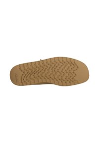 Suola di scarpa in gomma di un colore beige chiaro con un motivo a zigzag, dotata di scanalature per la trazione e un logo sottile sul lato.